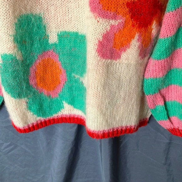 Gold & Silver: Pink & Green Crew Neck Floral Design Sweater- One size fits most - Picture 7 of 16